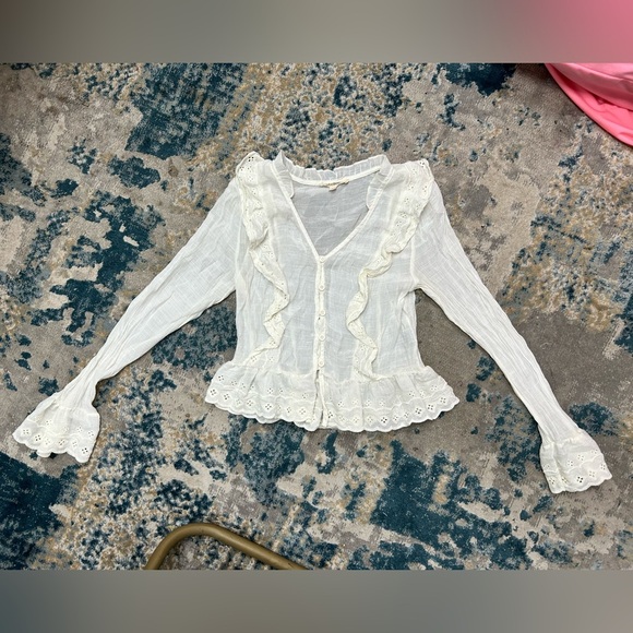 REBELLION white flowy lace Eyelet Ruffle Peasant Shirt Boho Cream blouse S small - Picture 5 of 9